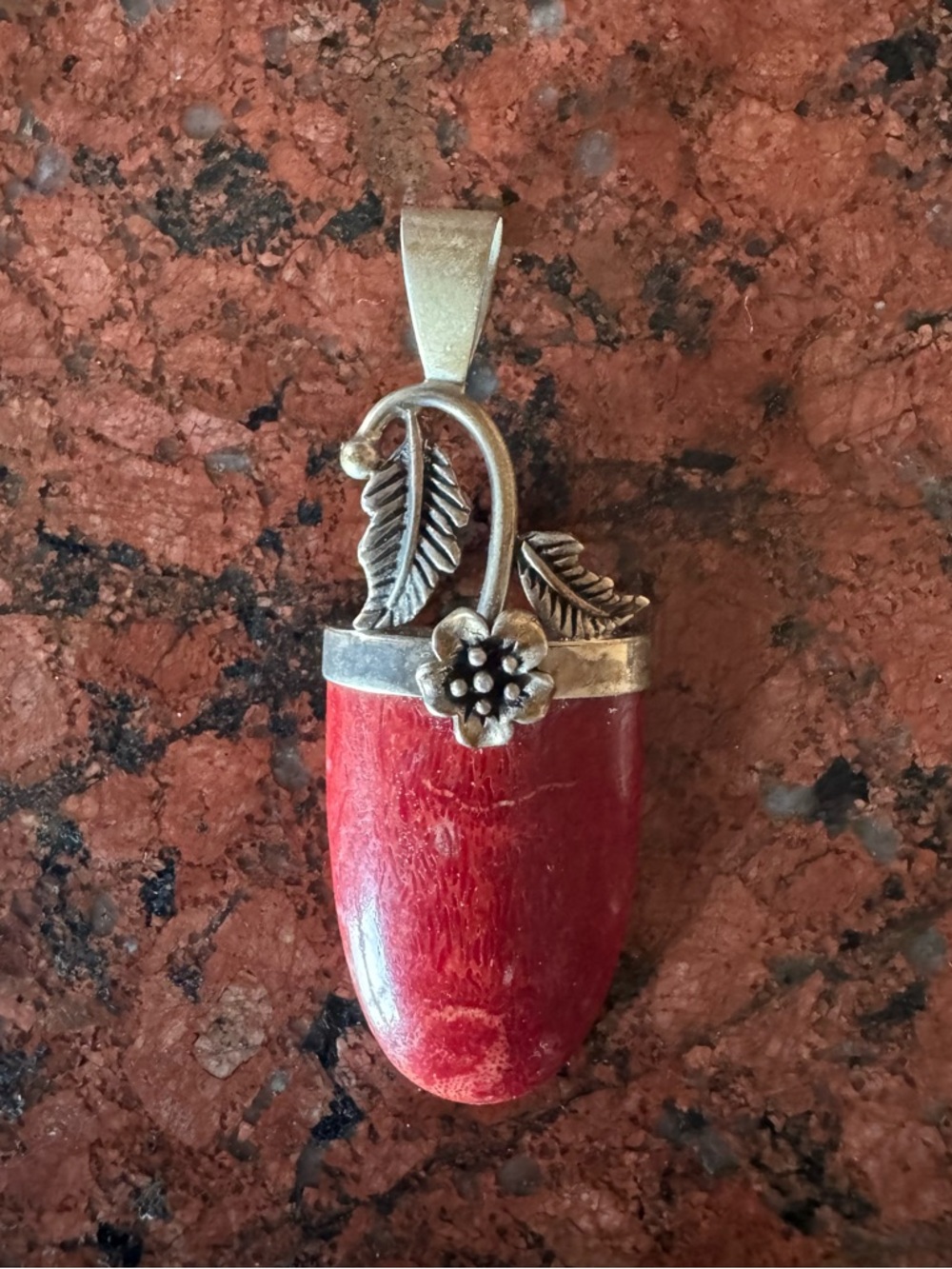 925 Sterling Silver and Red Coral Drop Pendant with Silver Leaf Accent